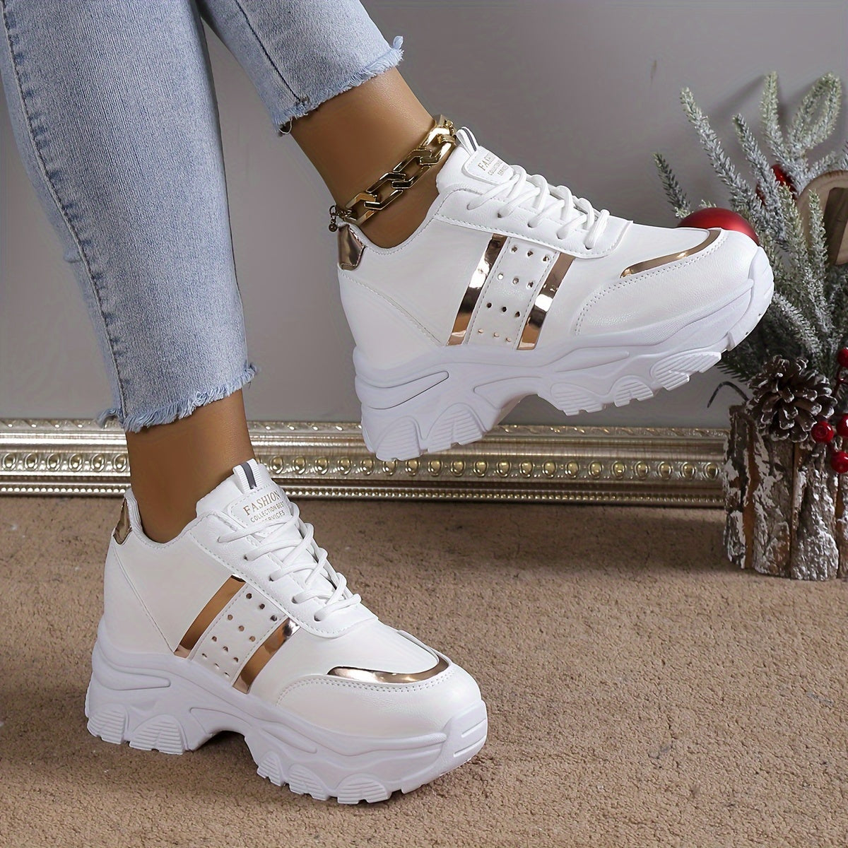 Womens Solid Color Trendy Sneakers Lace Up Soft Sole Platform Nonslip Shoes Versatile Lowtop Heightening Shoes in holiday